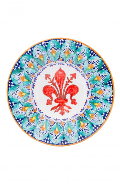 Piatto ceramica fine - Giglio e Foglina Turchese con Scacchi